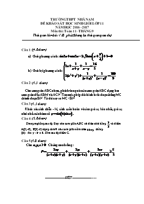 Đề khảo sát học sinh giỏi lớp 11 môn thi Toán 11  Tháng 9